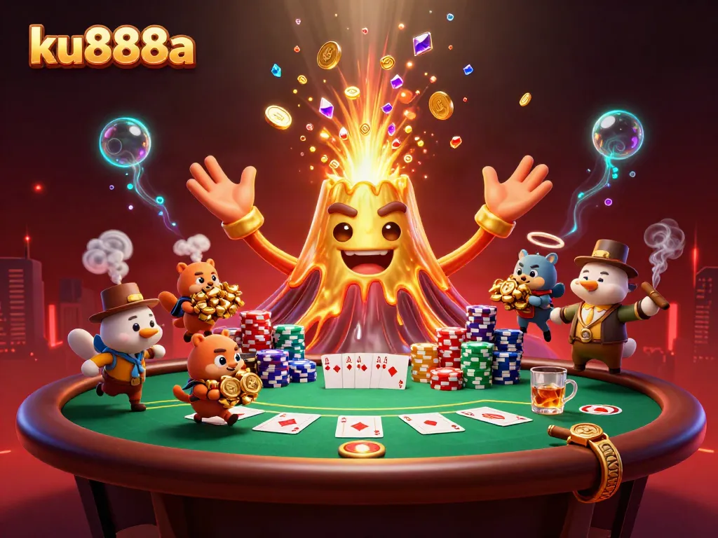 Experience the thrill of ku888a with a golden volcano spewing treasure at a vibrant casino scene.