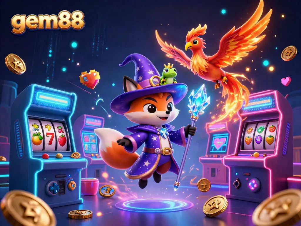 Experience the magic of gem88 with our captivating game-filled illustration featuring vibrant casino elements.