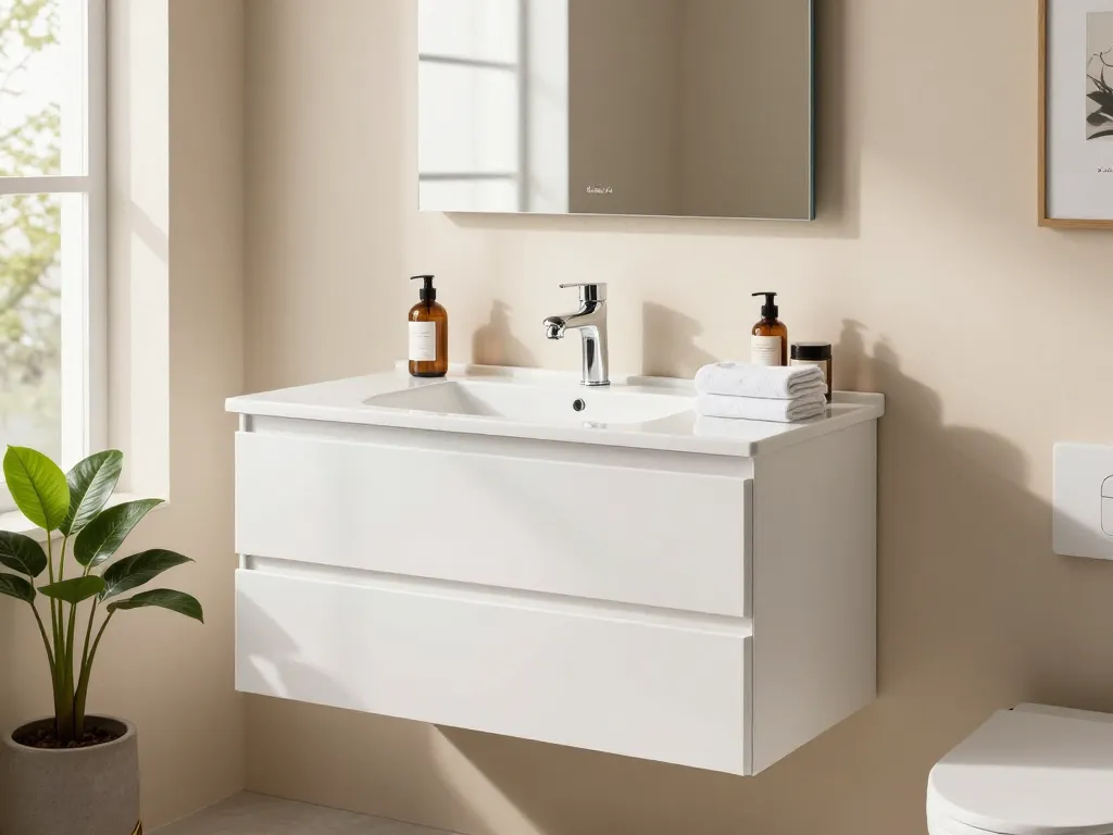 Vixx Badkamers ondiepe meubel in moderne kleine badkamer, met de nadruk op stijl en functionaliteit.