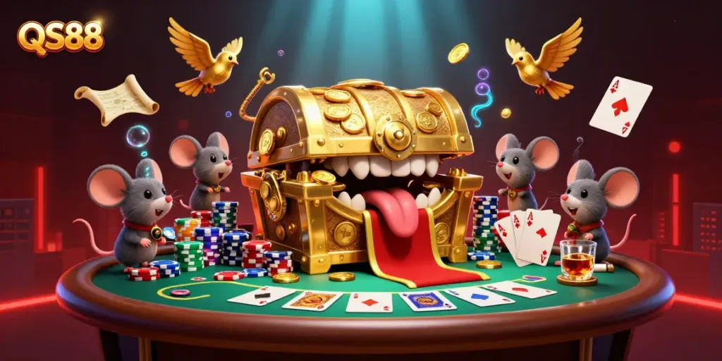 Engage with QS88’s thrilling gaming environment featuring poker elements, treasure chest, and adventure.