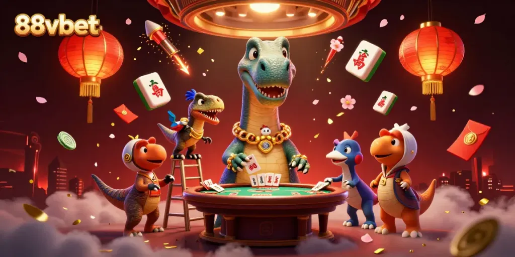 Experience the thrilling action of 88vbet with a lively casino scene featuring dynamic characters and gaming elements.