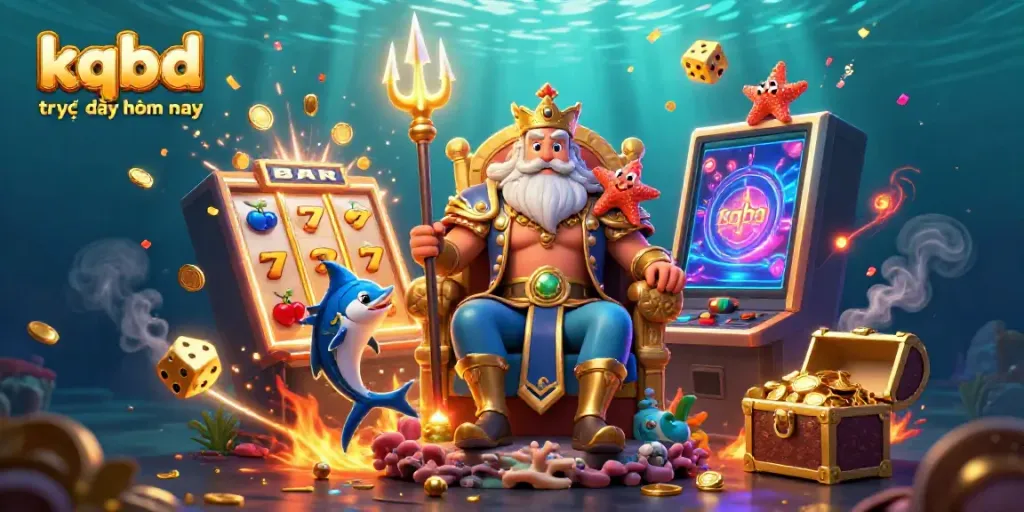 The vibrant scene showcases kqbd trực tiếp hôm nay with a cartoon sea king and a slot machine explosion, exemplifying gambling excitement.
