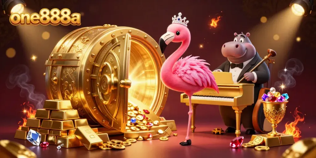 Experience winning excitement at one888a with a vibrant casino scene featuring dynamic characters and sparkling treasures.