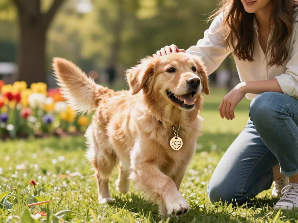 Een gelukkige hond met een gegraveerde hondenpenning speelt in een zonnig park.