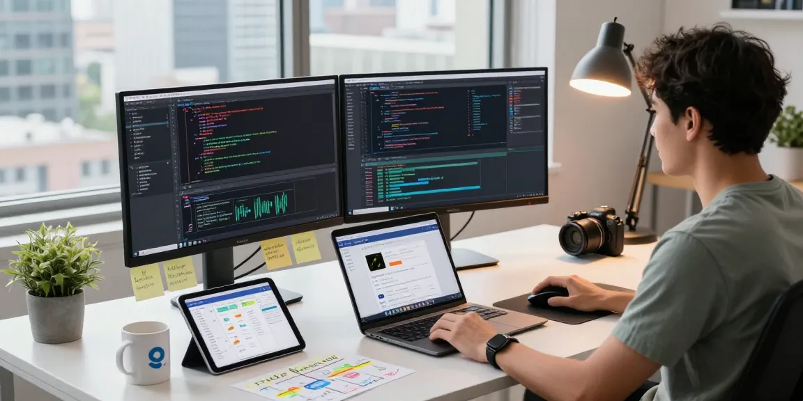Dynamic tech workspace showing a developer coding at dual monitors https://sc88.chat/ with modern gadgets and a city view.