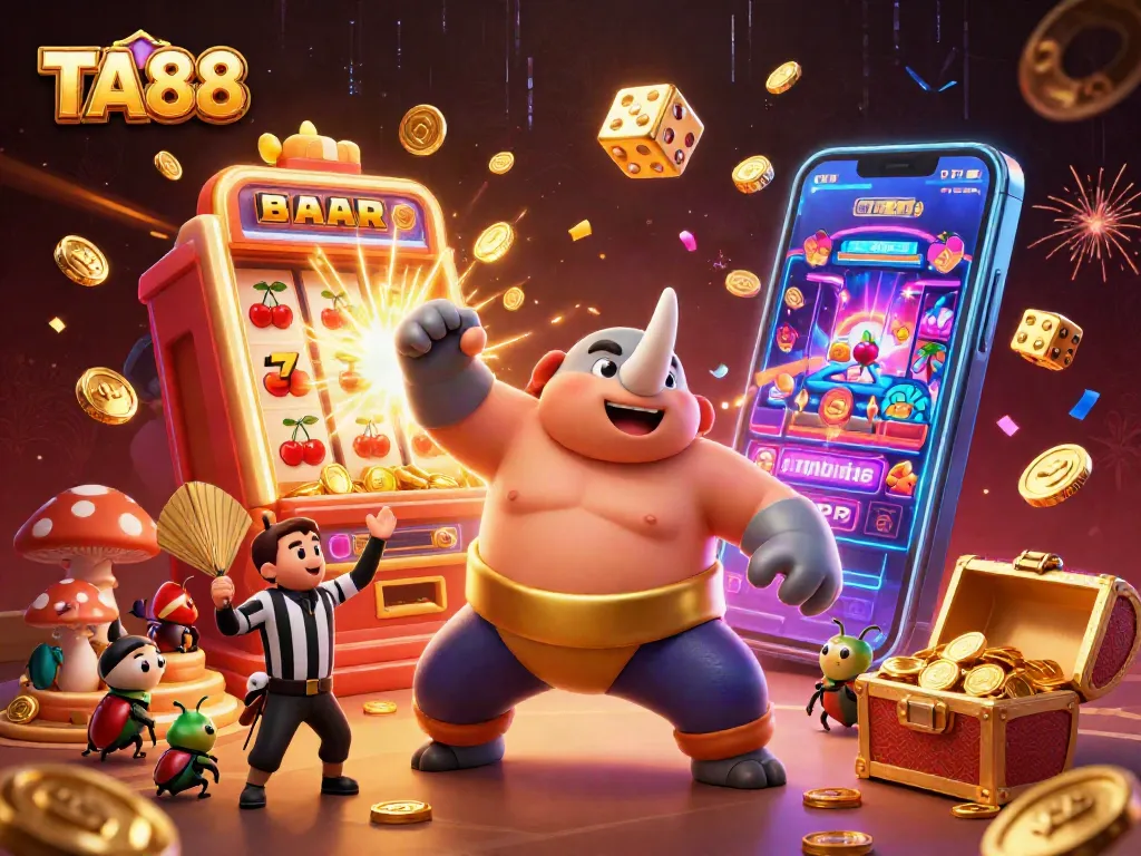 Experience the thrilling action of TA88 with jackpot slots, golden coins, and dynamic casino elements in this lively illustration.