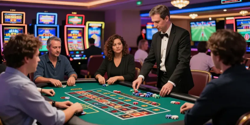 Captivating gaming atmosphere at https://red88.limited/ with players enjoying roulette and vibrant lights.
