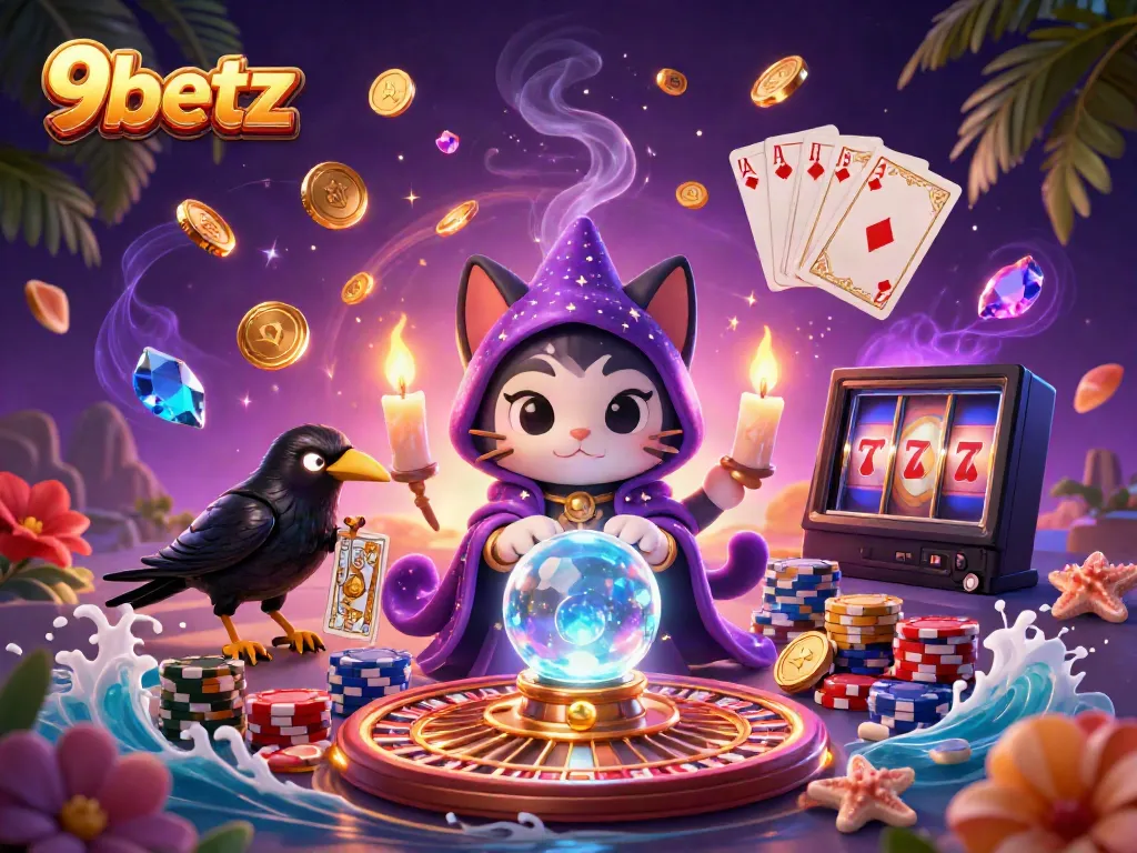 Engage with slot adventures at 9betz in a vibrant casino scene with thrilling characters and dazzling effects.