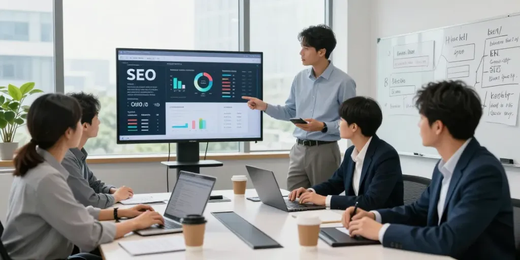 SEO specialist team brainstormt over digitale SEO-strategieën en analyse.