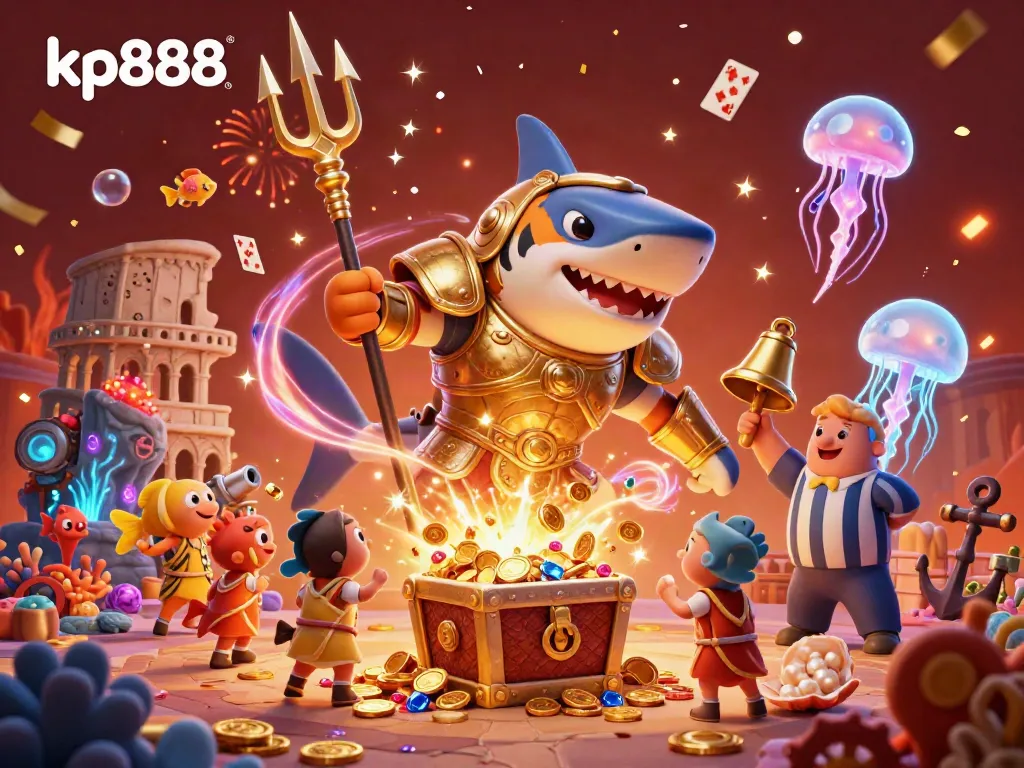 Engage in the thrill of kp888 with a dynamic underwater casino battle featuring a shark, fish crowd, and treasure.