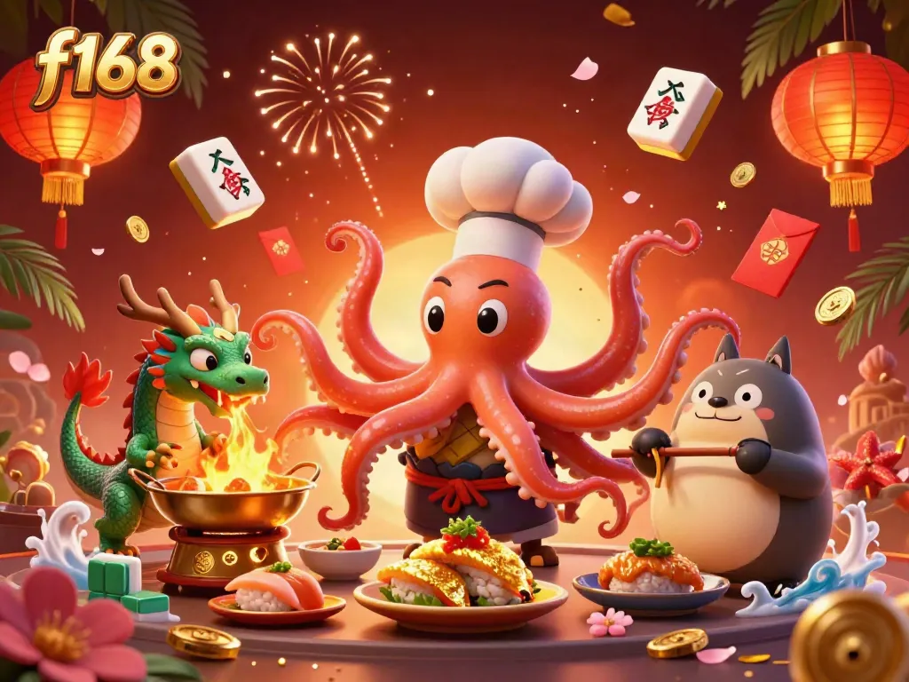Experience the thrill of f168 with vibrant casino characters preparing dishes in a rich, detailed scene.