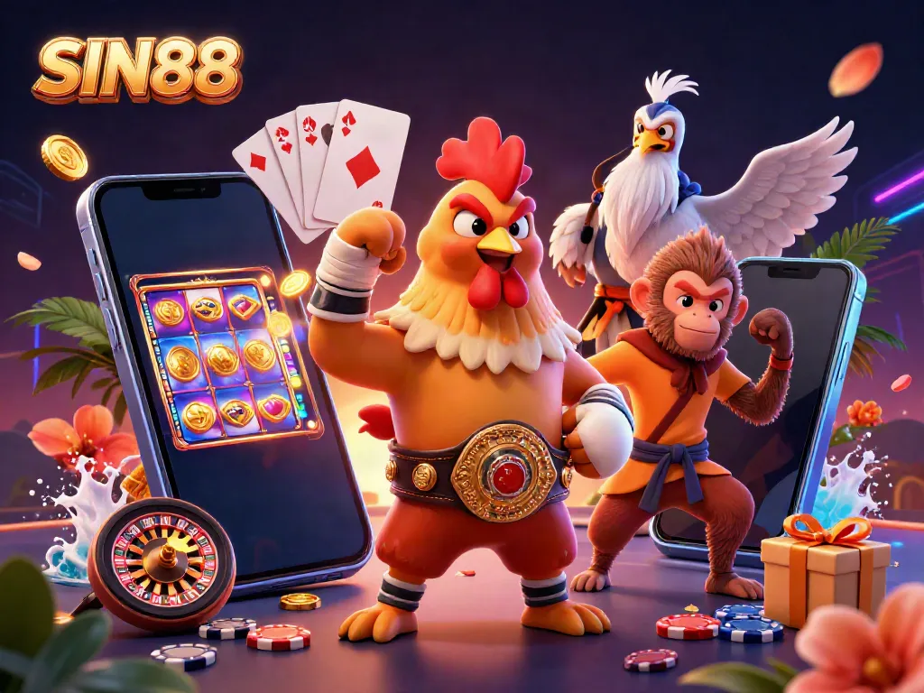 Experience thrilling gameplay at SIN88 with a vibrant 3D cartoon scene featuring dynamic characters and casino elements.