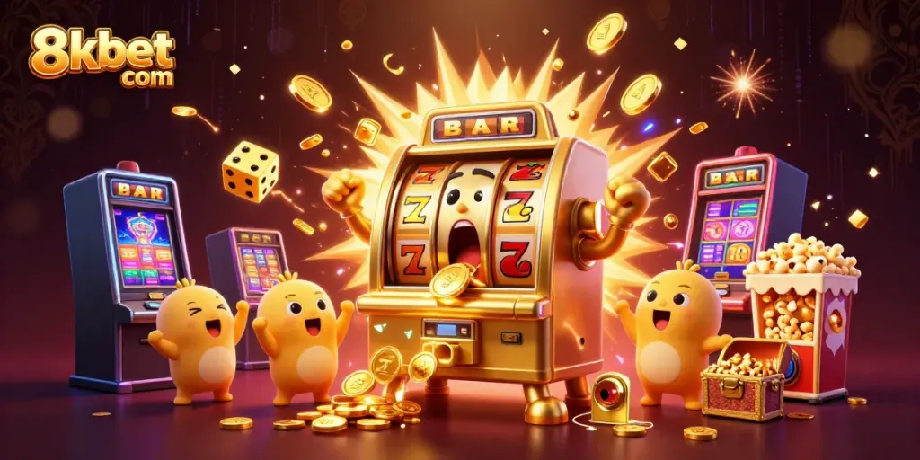 Celebrate wins at 8xbet com with a dynamic illustration of a golden slot machine hitting a jackpot.