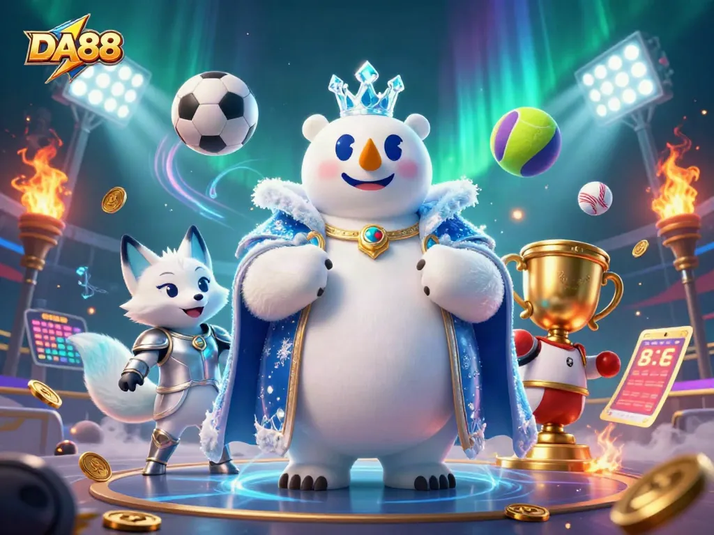 DA88 showcases a thrilling gambling scene with a penguin ice king and powerful fox, sporting vibrant casino elements.