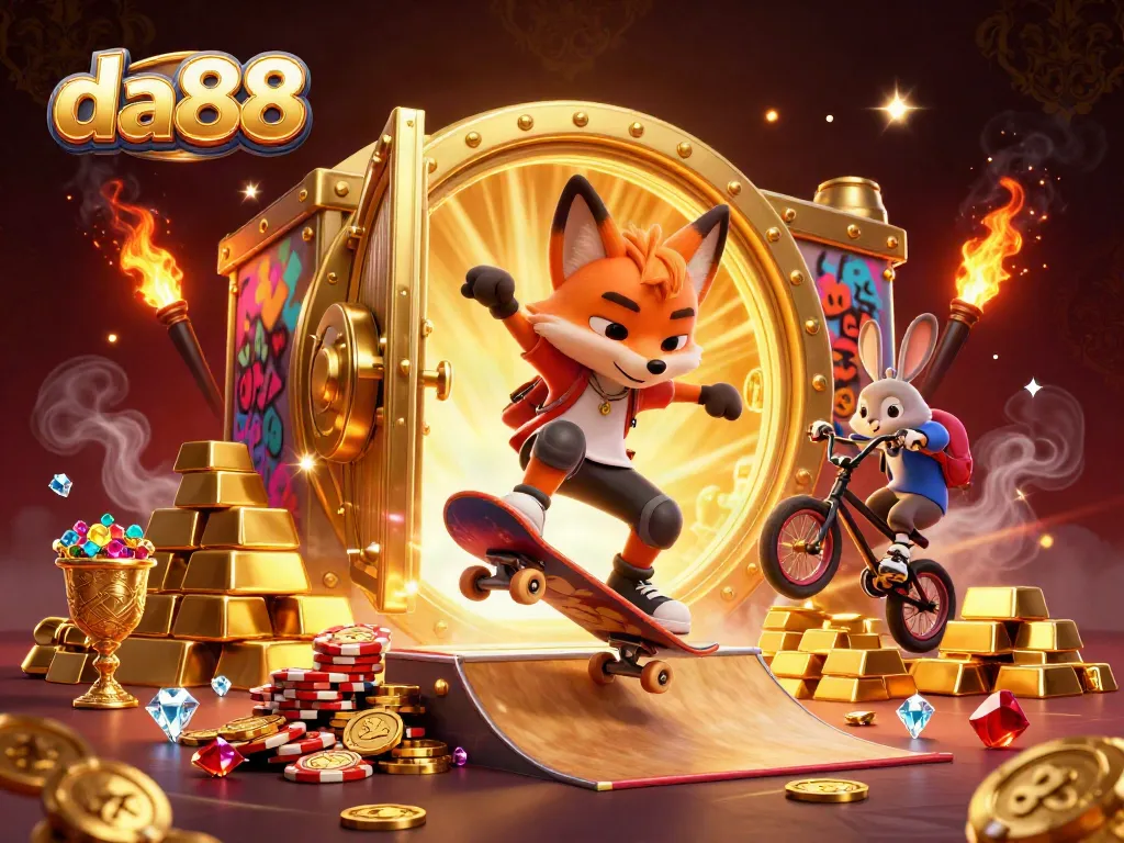 Experience thrilling da88 gameplay among vibrant characters and casino treasures in a stunning illustration.