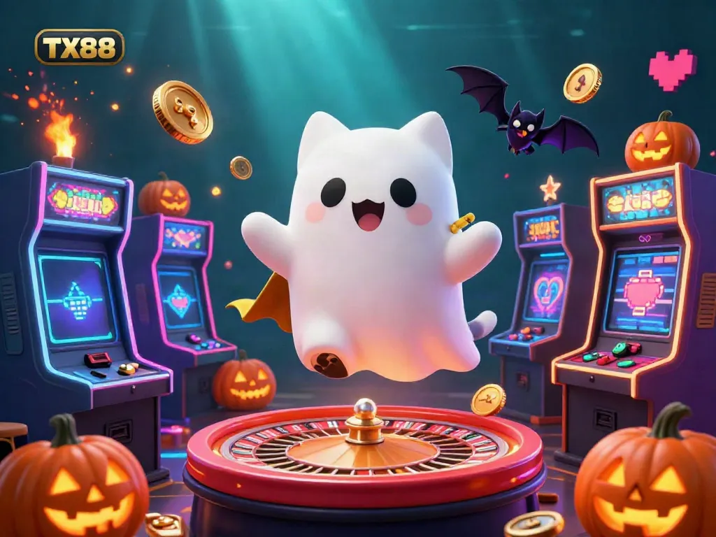 Engage with TX88, where a friendly ghost cat and a vampire bat explore a vibrant casino filled with glowing slot machines.