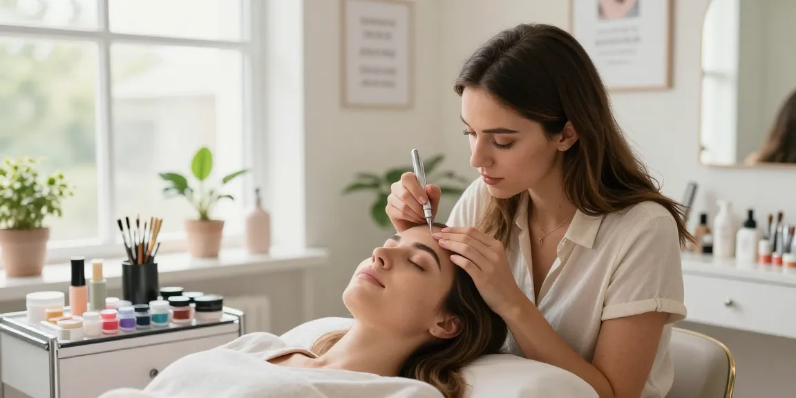 Permanente make-up wenkbrauwen applicatie scène waarin een schoonheidsspecialiste vakkundig de wenkbrauwen van een cliënt verbetert in een helder schoonheidssalon.