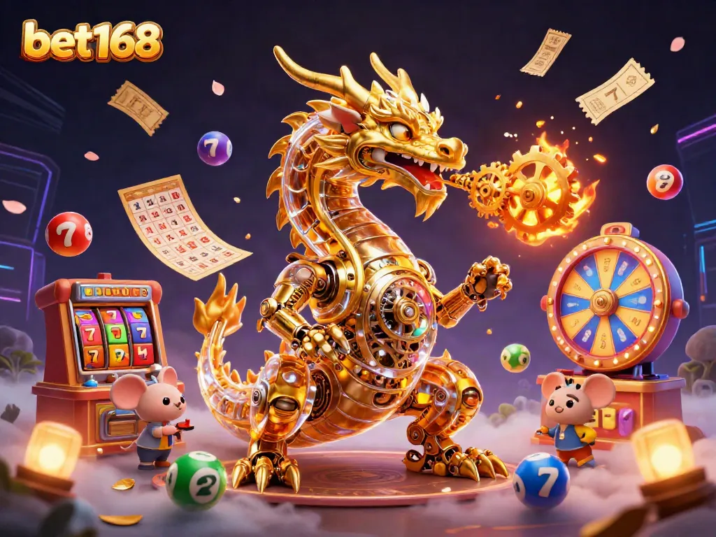 Engage with bet168's vibrant casino world featuring golden dragon, lottery elements, and dynamic game visuals.