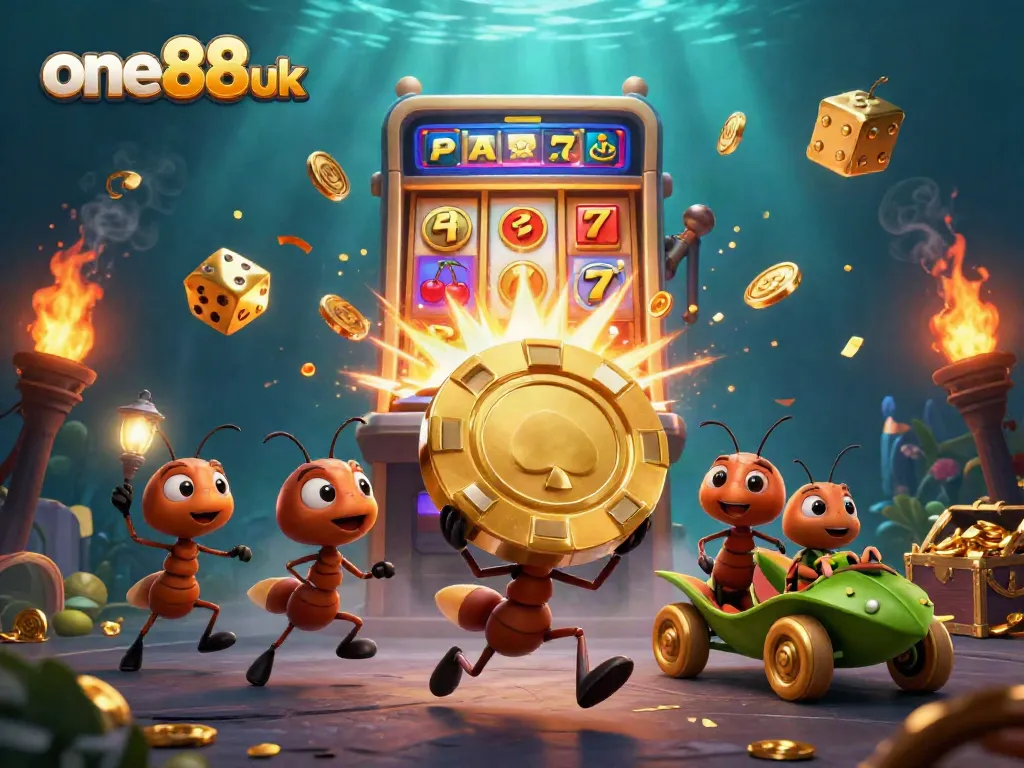 one88uk theme illustration with cartoon ants on a heist, vibrant slot machine elements, engaging casino atmosphere