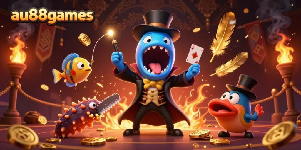 Experience thrilling card tricks with au88games' magical casino characters in a vibrant, detailed scene.