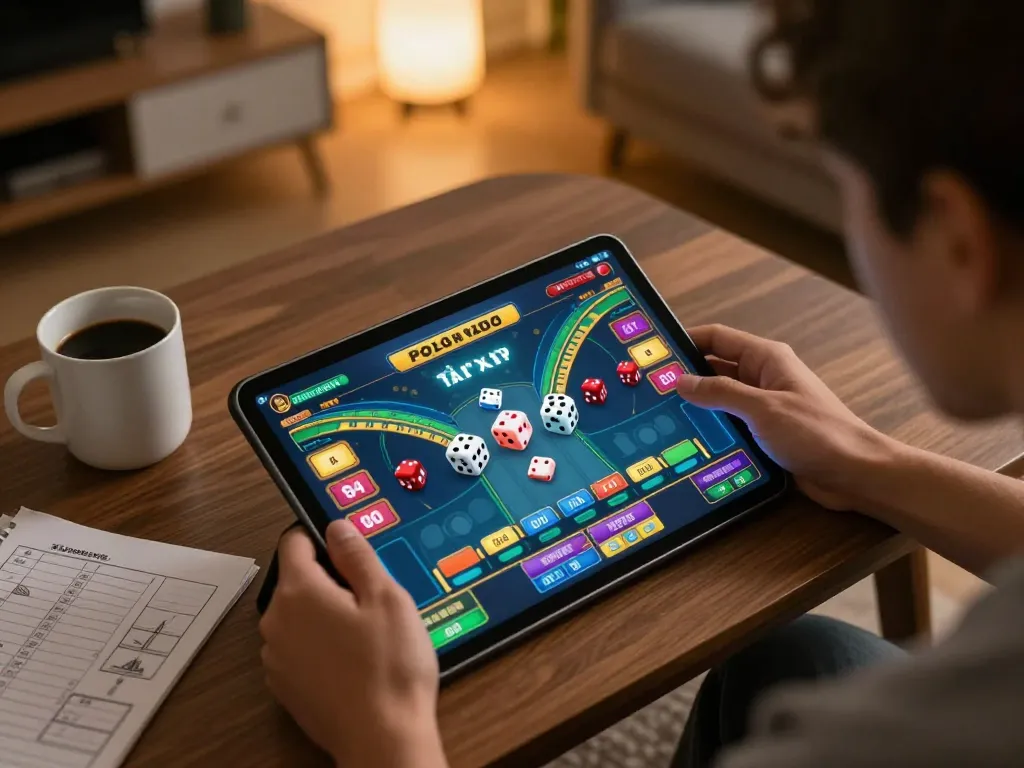 Tai Xiu online gaming session, showcasing vibrant game interface and responsible gaming atmosphere at home.