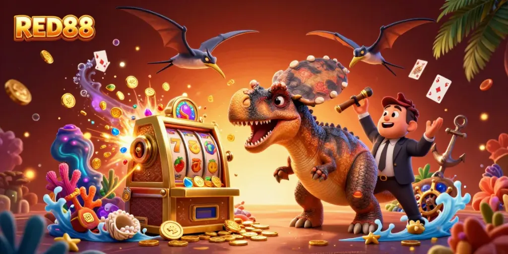 Experience the thrill of winning at RED88 as a pachycephalosaurus interacts with a golden slot machine.