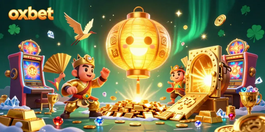 Experience the thrill of oxbet with a vibrant casino scene featuring golden lanterns and treasures.