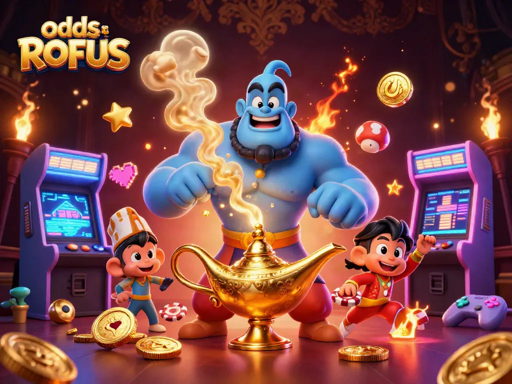 Experience thrills with odds uden om ROFUS through vibrant casino elements and characters in a magical scene.