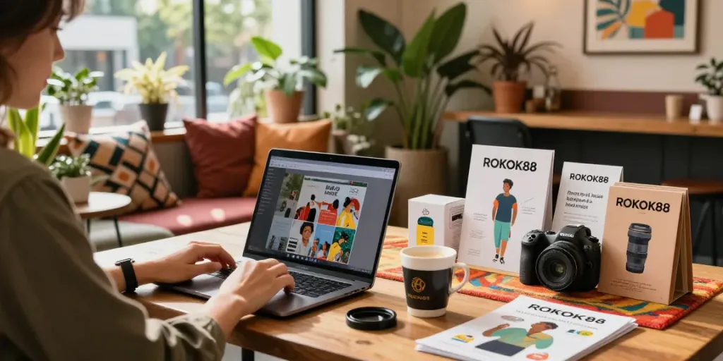 Shopping ROKOK88 products online in a cozy urban setting with natural light and vibrant decor.