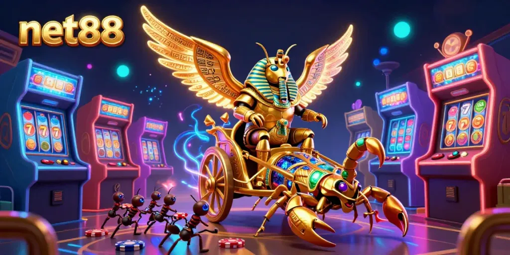 Experience thrilling gameplay at net88 with a golden pharaoh beetle guiding scorpions amidst dynamic casino elements.
