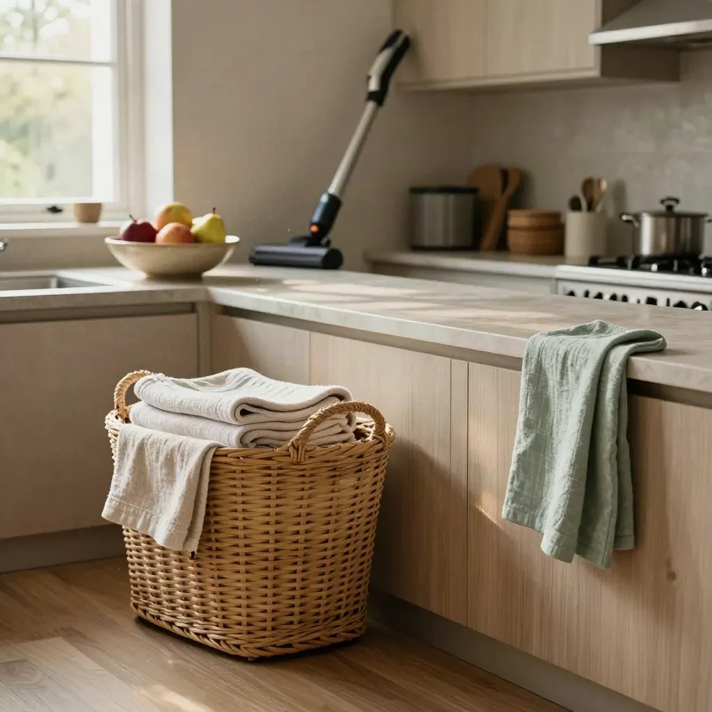 Keukenhoek na huishoudelijke hulp met wasmand, opgevouwen handdoeken, fruit en stofzuiger in zonlicht.