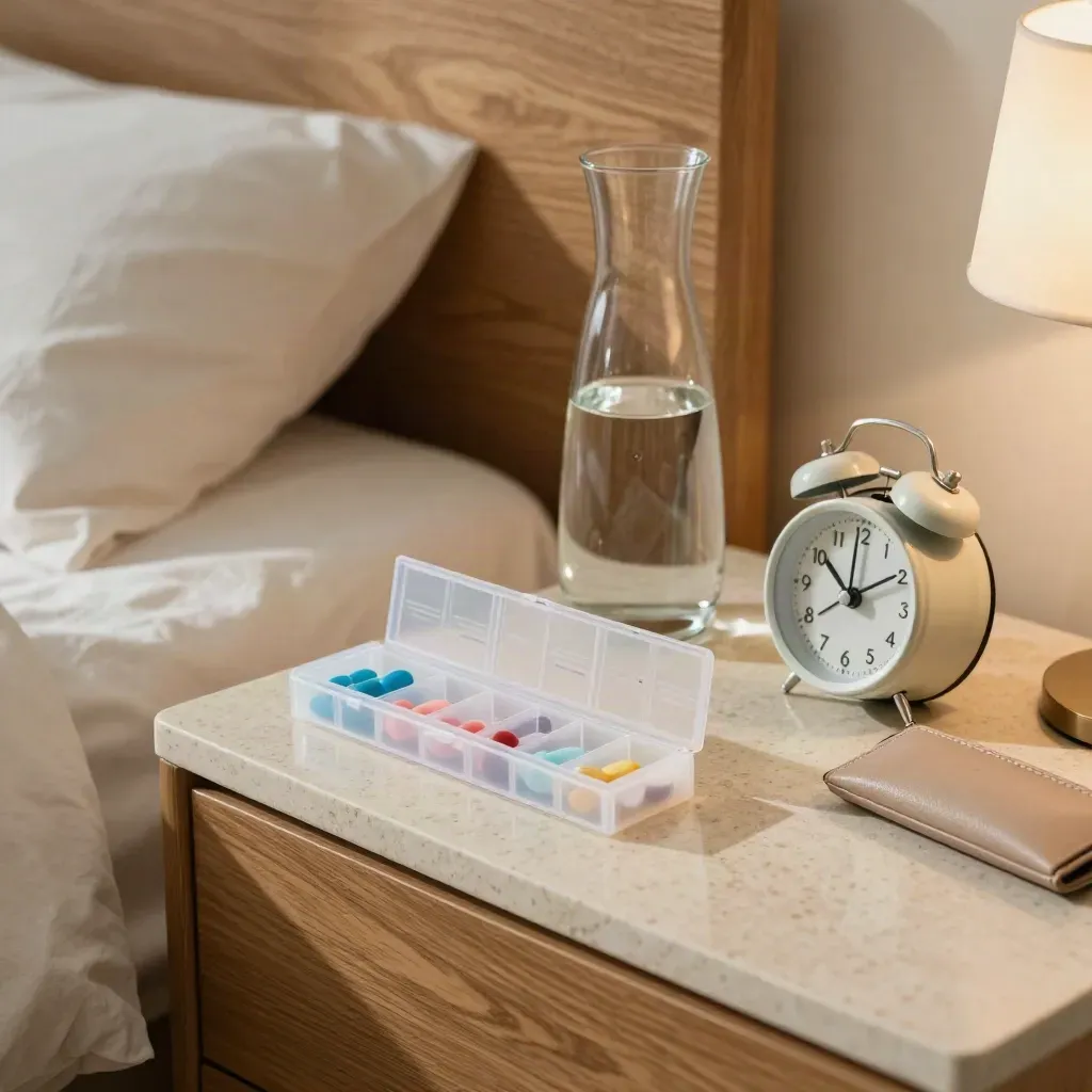 Medicatie-organiser naast karaf water, klokje en brillenkoker op een travertijn bedside tafel.