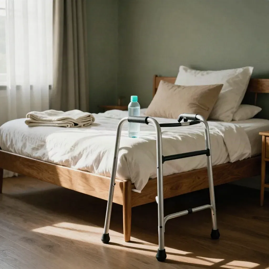 Herstelzorg slaapkamer met rollator, opgestapeld kussen, waterfles en klein nachtkastje.