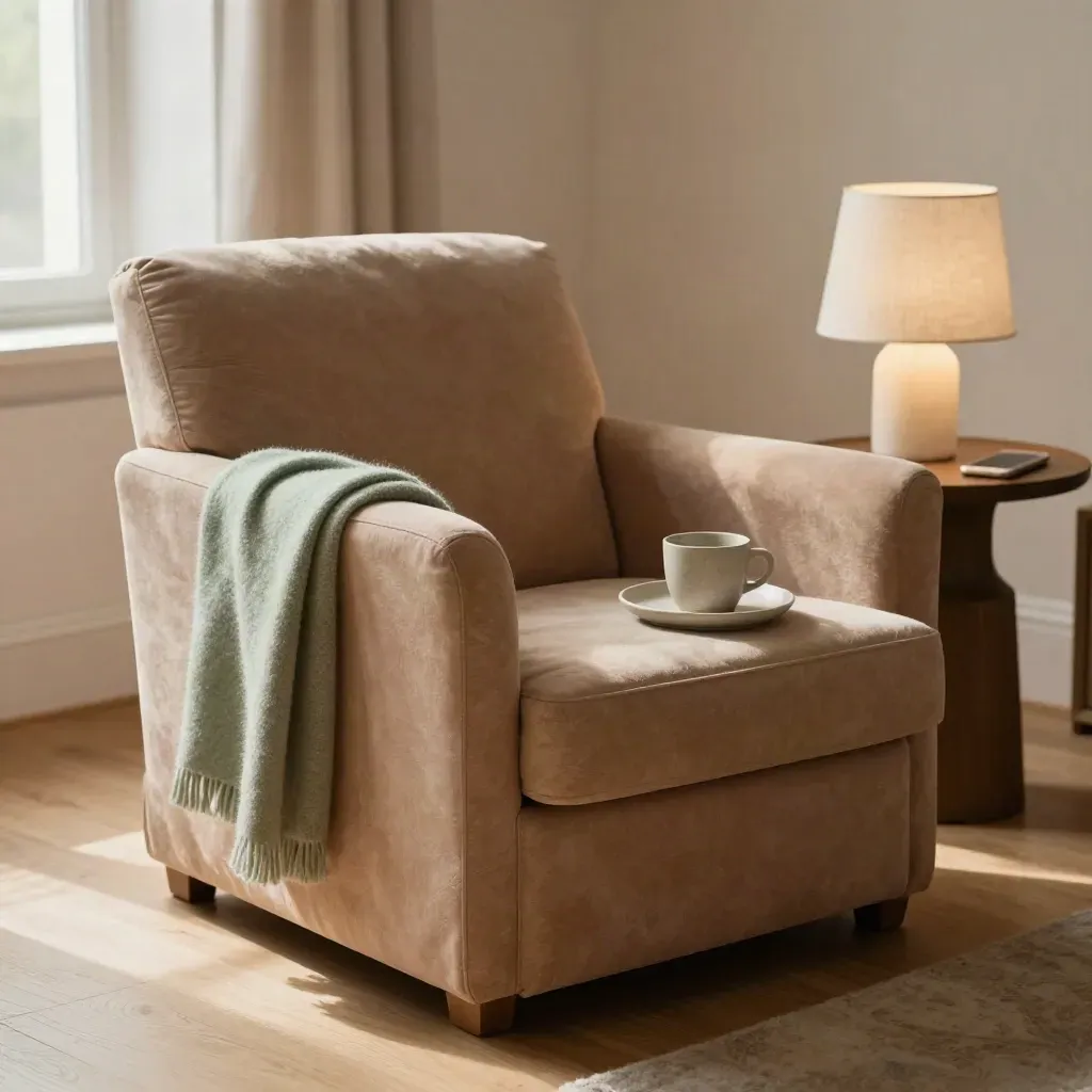 Lege zithoek met fauteuil, theeservies, plaid en lamp in warm daglicht.