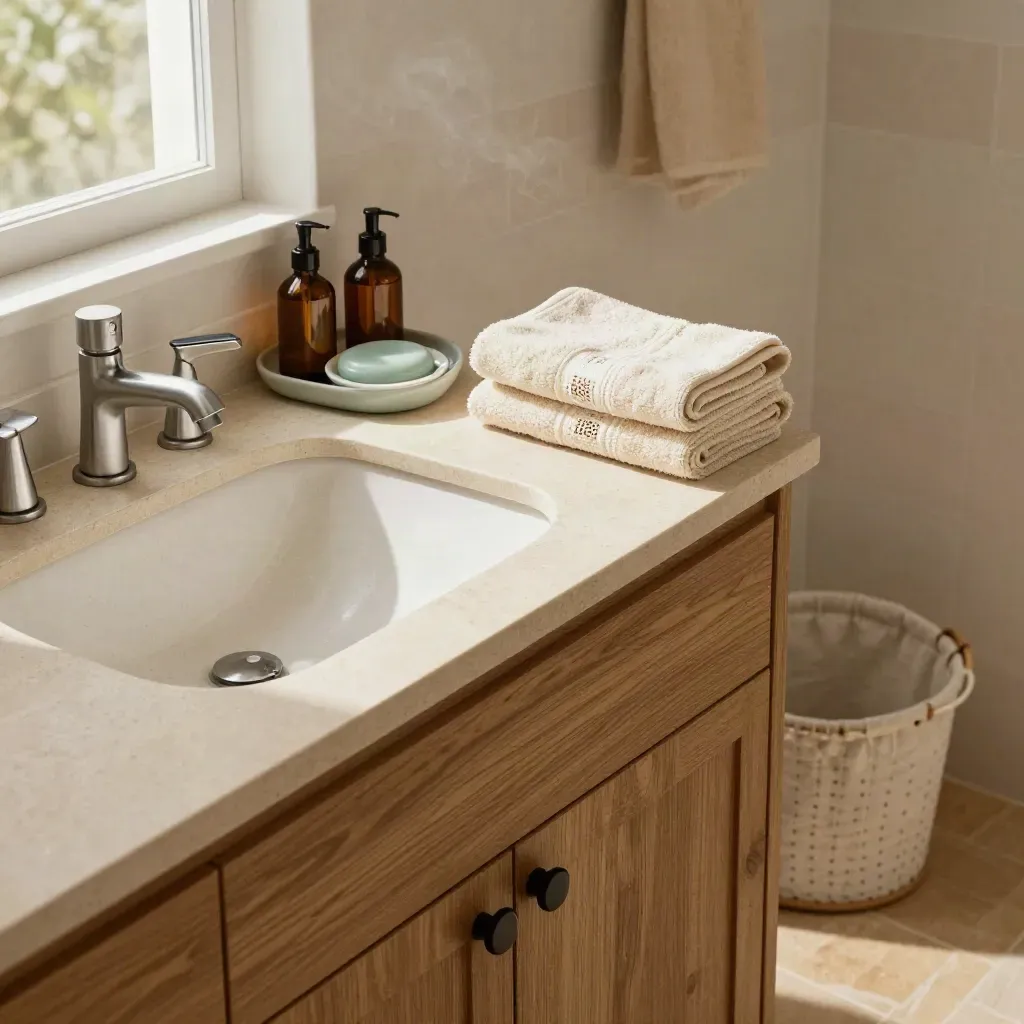 Badkamer van Cimple Care met handdoeken, medicatietray en wasmand in warm daglicht.