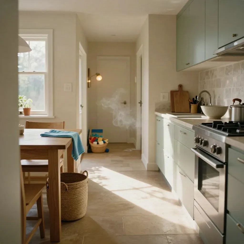 Rustige keuken met schone tafel, wasmand, speelgoedmand en middaglicht