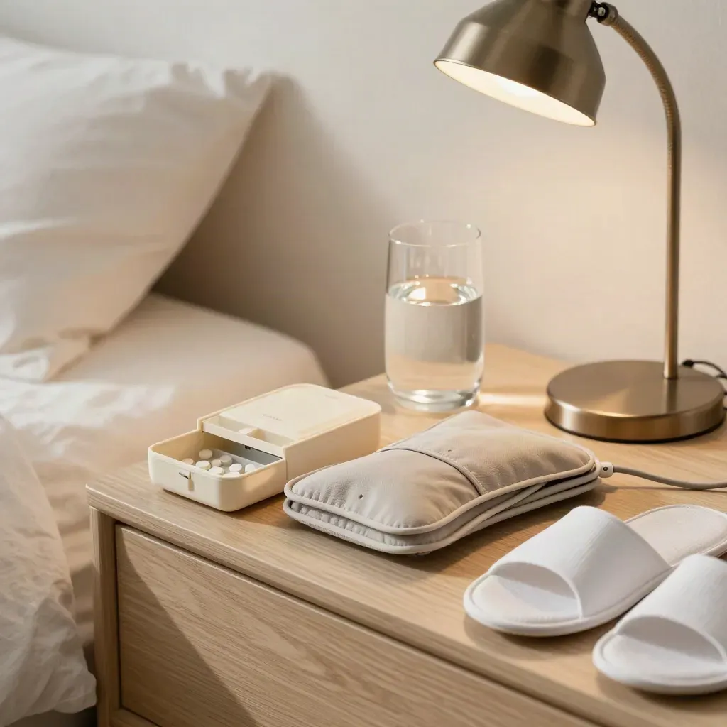 Bedzijde met pillendoos, warmtekussen, karaf, lamp en pantoffels in zacht daglicht.