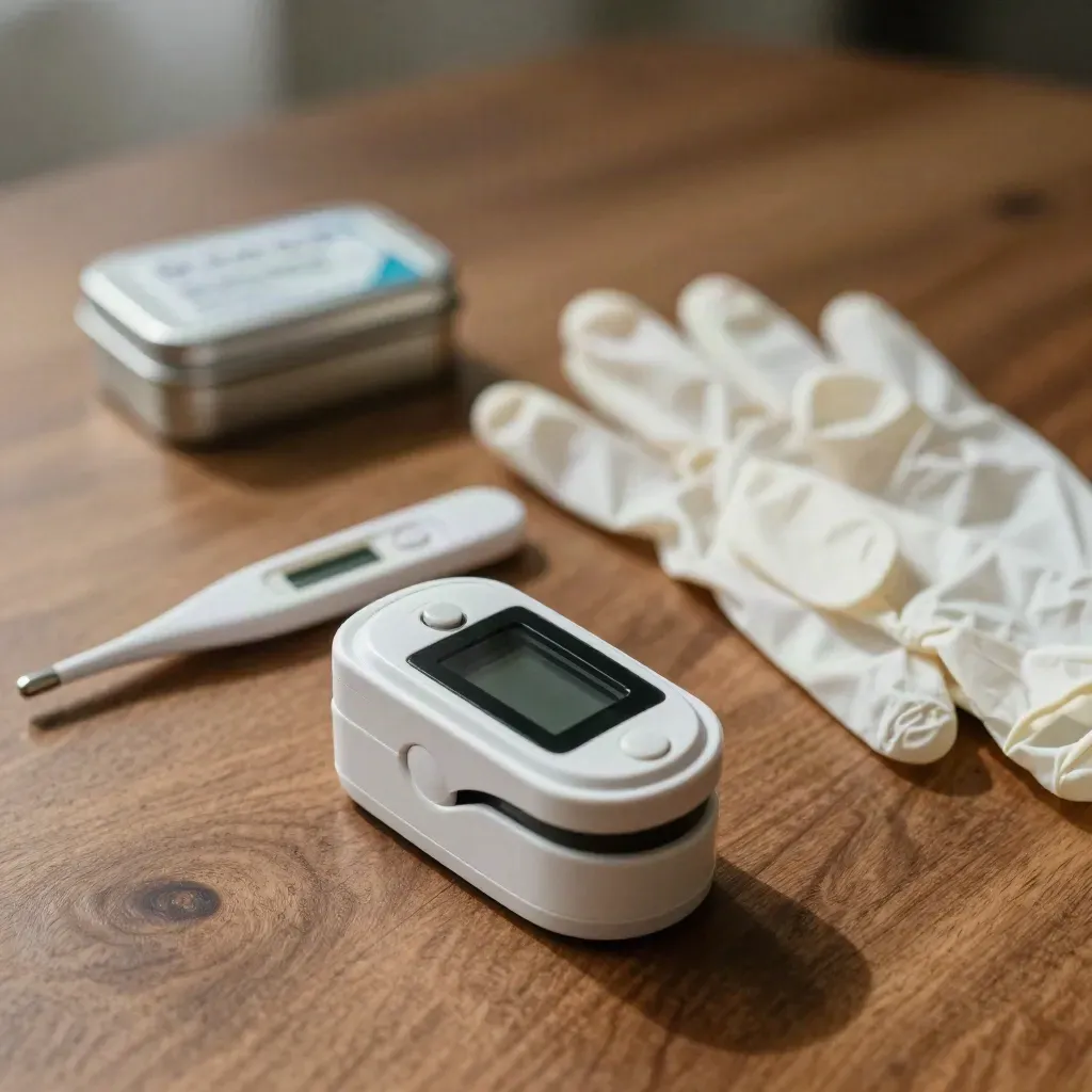 Zorgkit met pulsoximeter, thermometer, handschoenen en alcoholwipes op warme houten ondergrond.
