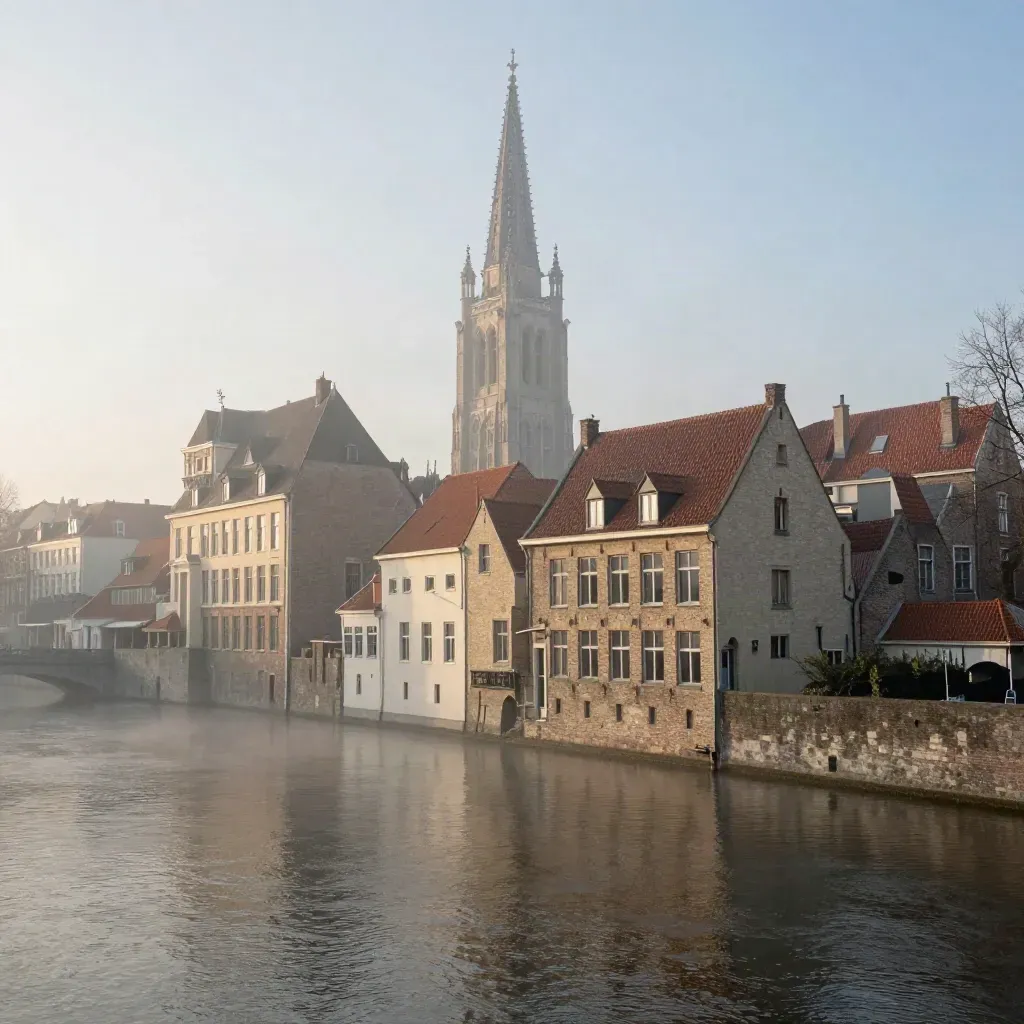 Domtoren boven nevelige rivier en daken in zacht ochtendlicht