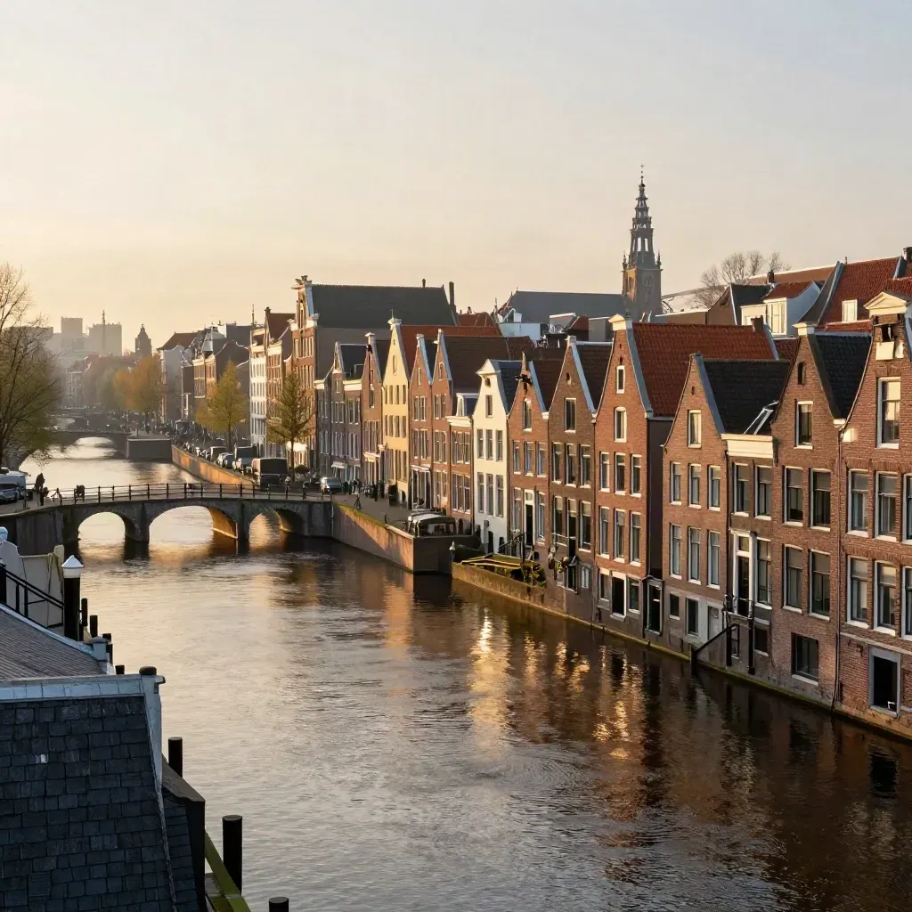 Gouden uur boven Amsterdam met lage skyline en zacht kanaalwater.