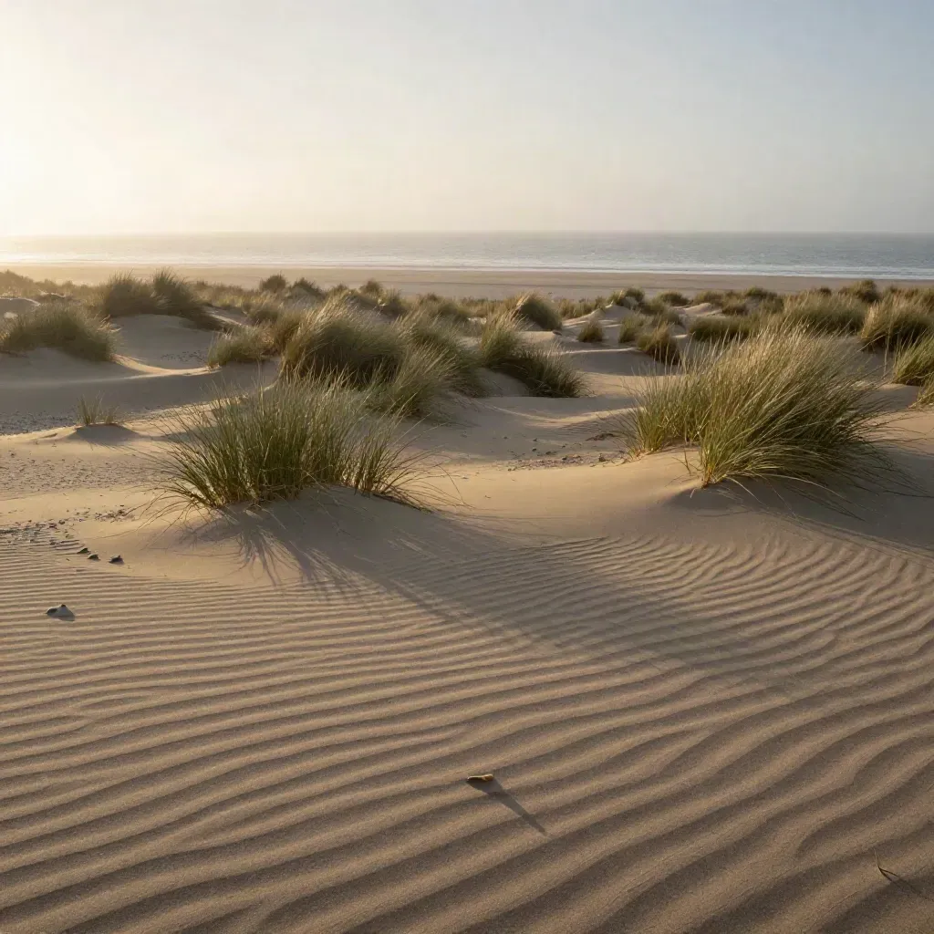 Duinrand en zee bij Den Haag in warm avondlicht en zachte zeemist