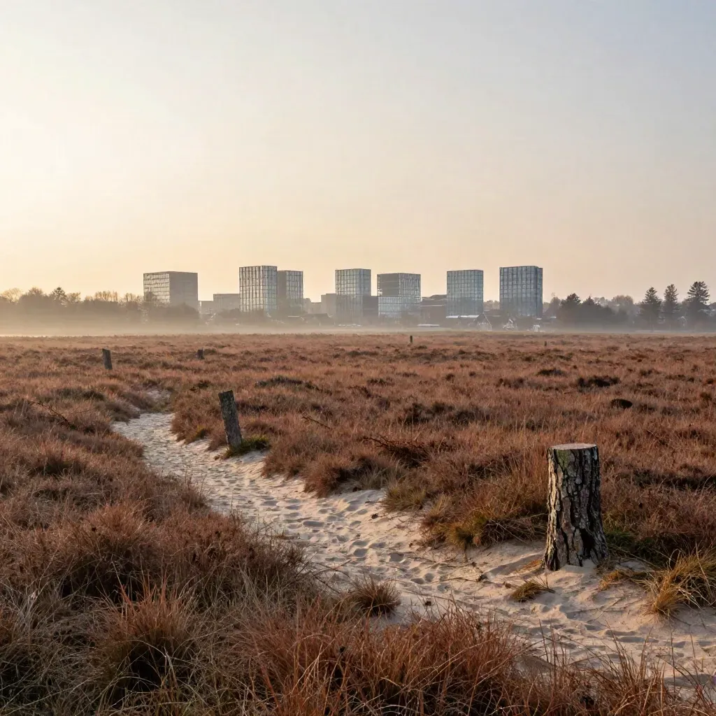 Heidelandschap bij Eindhoven met pijnranden en zachte stadslijn in de verte