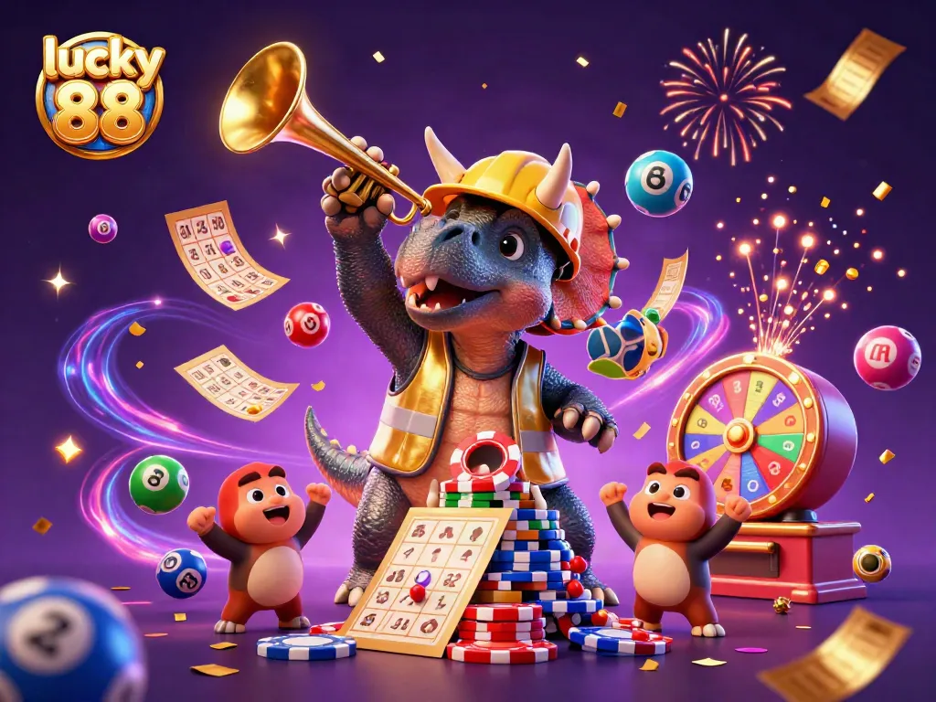 Win big with lucky 88 as a triceratops builds a poker chip pyramid and celebrates!