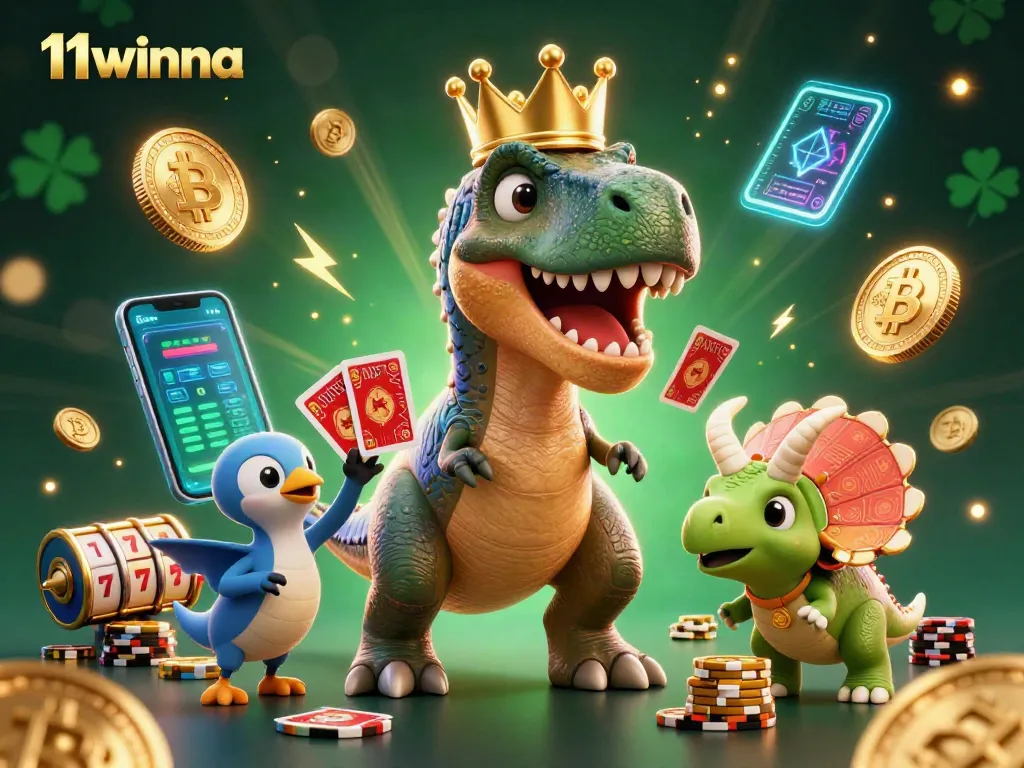 Engage with 11winna's casino thrills featuring a friendly T-Rex shuffling cards and fun characters amidst vibrant gaming elements.