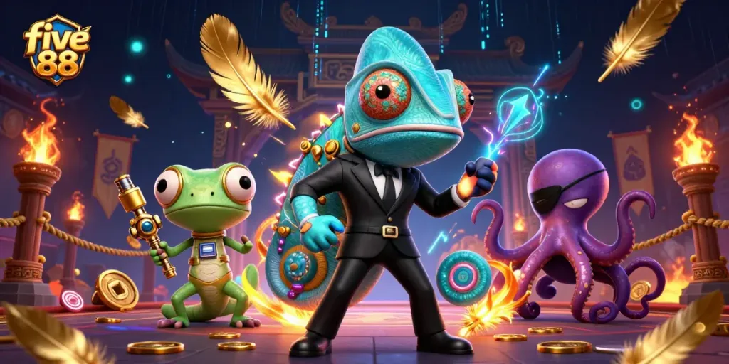 Experience thrilling gaming at five 88 with vibrant casino illustrations featuring adventurous characters.
