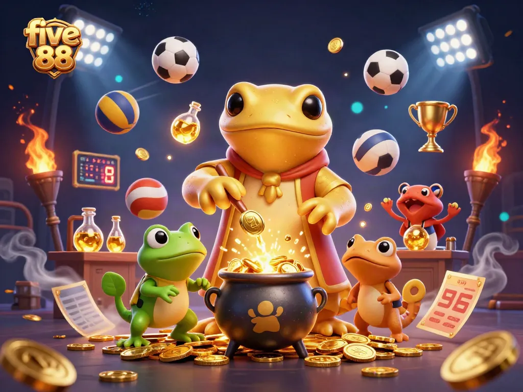Experience five 88’s vibrant gaming scene with golden coins and dynamic sports elements