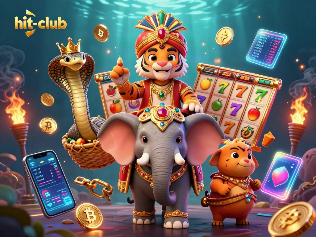 Spin to win at hit-club: A colorful scene with an ornate elephant and jackpot excitement.