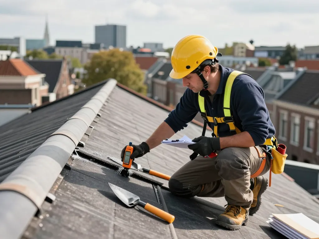 Dakinspectie door een professional op https://www.de-kraaij.com/daklekkage-den-haag, waarin expertise in lekdetectie wordt getoond.