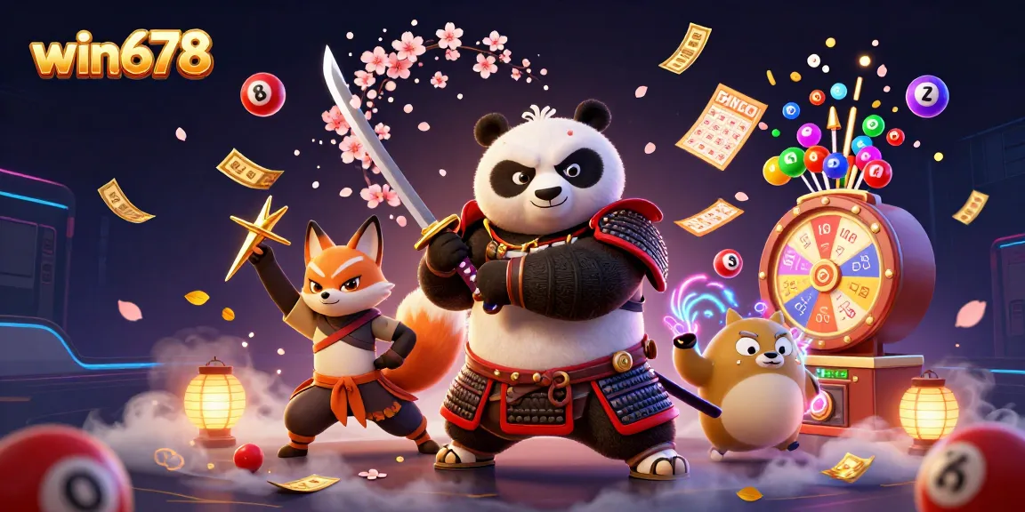 Win678 features a vibrant scene with a samurai panda and ninja fox engaging in exciting lottery activities