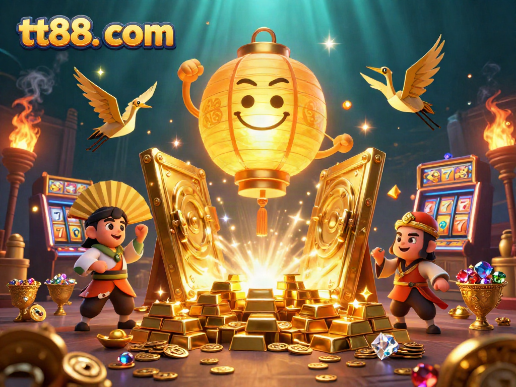Experience thrilling wins at tt88. com with a vibrant casino night scene featuring golden spirits and slot machines.